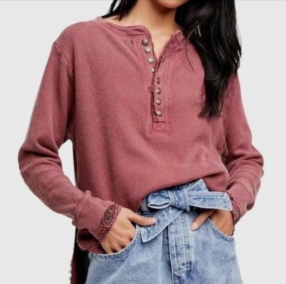Free People Fall For You Henley Sweet Cranberry Long Sleeve Oversized Top M